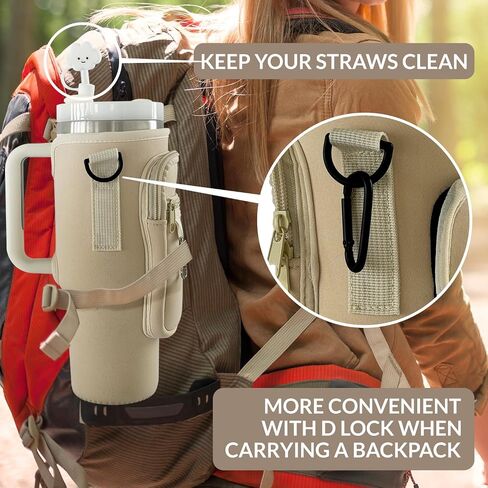 Water Bottle Carrier Bag with Phone Pocket for 40/30oz Tumbler Neoprene Holder Pouch with Adjustable Strap, Boho Shoulder Strap, Straw Cover, Carabiner, Cup Accessories, Travelling Camping Gym, White in Saudi Arabia