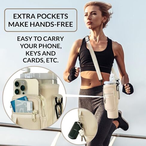 Water Bottle Carrier Bag with Phone Pocket for 40/30oz Tumbler Neoprene Holder Pouch with Adjustable Strap, Boho Shoulder Strap, Straw Cover, Carabiner, Cup Accessories, Travelling Camping Gym, White in Saudi Arabia