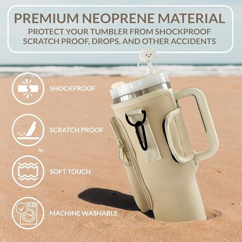 Water Bottle Carrier Bag with Phone Pocket for 40/30oz Tumbler Neoprene Holder Pouch with Adjustable Strap, Boho Shoulder Strap, Straw Cover, Carabiner, Cup Accessories, Travelling Camping Gym, White in Saudi Arabia
