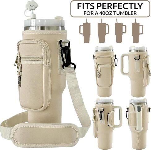 Water Bottle Carrier Bag with Phone Pocket for 40/30oz Tumbler Neoprene Holder Pouch with Adjustable Strap, Boho Shoulder Strap, Straw Cover, Carabiner, Cup Accessories, Travelling Camping Gym, White in Saudi Arabia