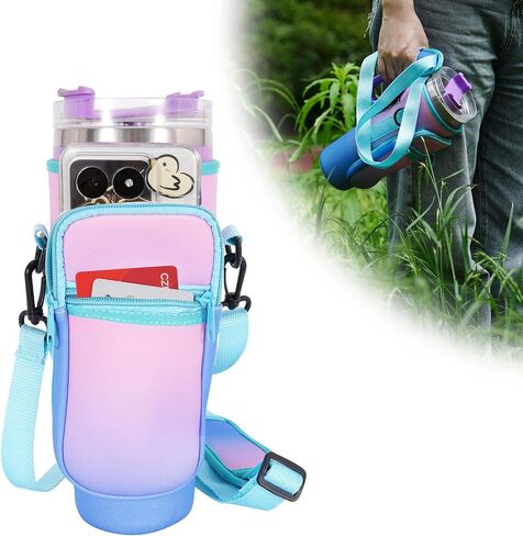Tumbler Holder with Strap for Stanley Cup 40oz,Machine Washable Cup Carrier Bag & Case with Phone Pocket Fit Most 40oz Tumbler with Handle,Pink Blue Gradient in Saudi Arabia