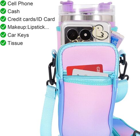 Tumbler Holder with Strap for Stanley Cup 40oz,Machine Washable Cup Carrier Bag & Case with Phone Pocket Fit Most 40oz Tumbler with Handle,Pink Blue Gradient in Saudi Arabia