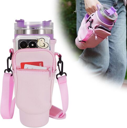 Tumbler Holder with Strap for Stanley Cup 40oz,Machine Washable Cup Carrier Bag & Case with Phone Pocket Fit Most 40oz Tumbler with Handle,Pink Blue Gradient in Saudi Arabia