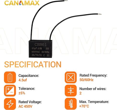 Canamax متين CBB61 2 سلك 4.5 فائق التوهج 450 فولت تيار متردد 50/60 هرتز مكثف مروحة السقف 47x29x18 مم - متوافق مع مولد محرك مضخة المياه لغسالة المروحة الكهربائية - حزمة من 2 in Kuwait