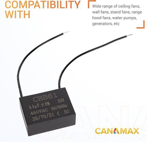 Canamax متين CBB61 2 سلك 4.5 فائق التوهج 450 فولت تيار متردد 50/60 هرتز مكثف مروحة السقف 47x29x18 مم - متوافق مع مولد محرك مضخة المياه لغسالة المروحة الكهربائية - حزمة من 2 in Kuwait