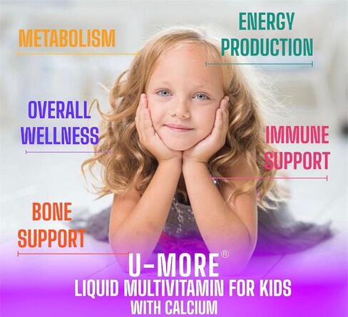 U-MORE Multivitamin & Minerals + Calcium for Kids Liquid Syrup (Energy, Immune Support, Non GMO, Sugar Free) in Saudi Arabia