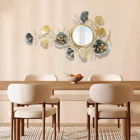 Large Wall Art Decor, Home Wall Decor 3D Metal Ginkgo Leaf Framed and Glass Mirror, Modern Wall Sculptures for Living Room Bedroom Bathroom Wall Art, Best, Gold&Blue, 32.6 * 18.9IN in Saudi Arabia