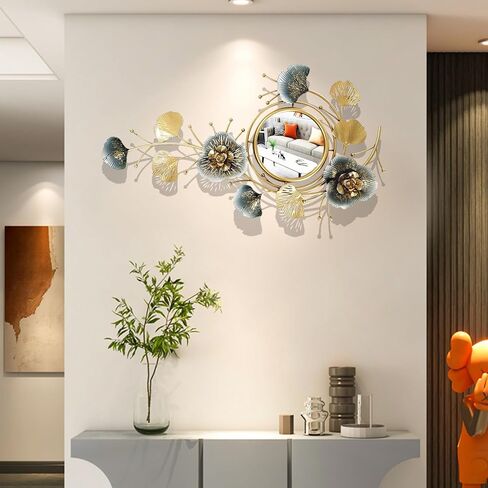 Large Wall Art Decor, Home Wall Decor 3D Metal Ginkgo Leaf Framed and Glass Mirror, Modern Wall Sculptures for Living Room Bedroom Bathroom Wall Art, Best, Gold&Blue, 32.6 * 18.9IN in Saudi Arabia