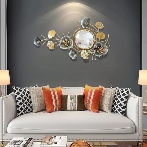 Large Wall Art Decor, Home Wall Decor 3D Metal Ginkgo Leaf Framed and Glass Mirror, Modern Wall Sculptures for Living Room Bedroom Bathroom Wall Art, Best, Gold&Blue, 32.6 * 18.9IN in Saudi Arabia
