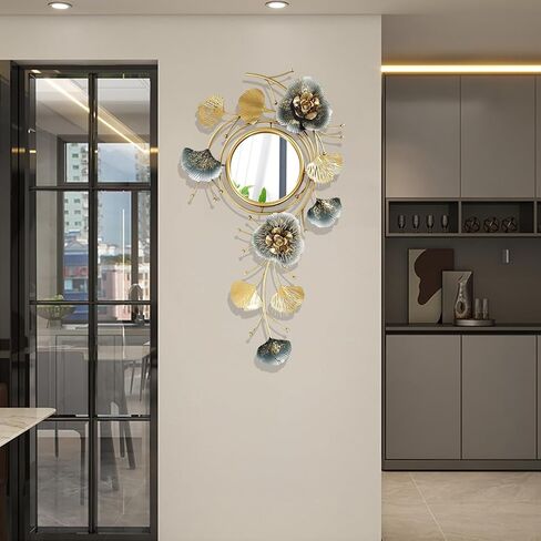 Large Wall Art Decor, Home Wall Decor 3D Metal Ginkgo Leaf Framed and Glass Mirror, Modern Wall Sculptures for Living Room Bedroom Bathroom Wall Art, Best, Gold&Blue, 32.6 * 18.9IN in Saudi Arabia