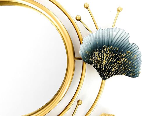 Large Wall Art Decor, Home Wall Decor 3D Metal Ginkgo Leaf Framed and Glass Mirror, Modern Wall Sculptures for Living Room Bedroom Bathroom Wall Art, Best, Gold&Blue, 32.6 * 18.9IN in Saudi Arabia