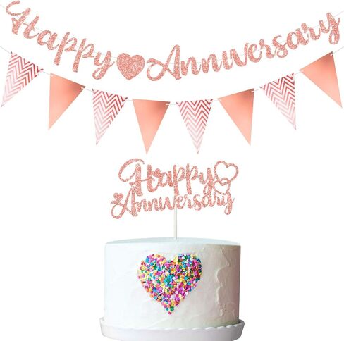 Happy Anniversary Glitter Banner Happy Anniversary Cake Topper Triangle Banner Heart Bunting Decorations for Wedding Anniversary Birthday Party Supplies (Pink) in Saudi Arabia