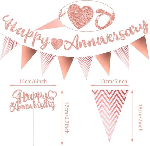 Happy Anniversary Glitter Banner Happy Anniversary Cake Topper Triangle Banner Heart Bunting Decorations for Wedding Anniversary Birthday Party Supplies (Pink) in Saudi Arabia