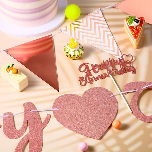 Happy Anniversary Glitter Banner Happy Anniversary Cake Topper Triangle Banner Heart Bunting Decorations for Wedding Anniversary Birthday Party Supplies (Pink) in Saudi Arabia