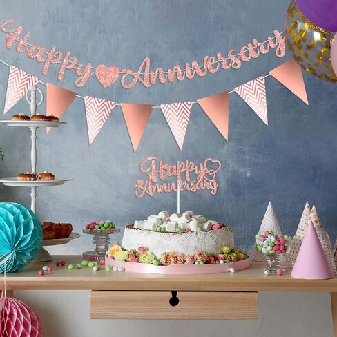 Happy Anniversary Glitter Banner Happy Anniversary Cake Topper Triangle Banner Heart Bunting Decorations for Wedding Anniversary Birthday Party Supplies (Pink) in Saudi Arabia
