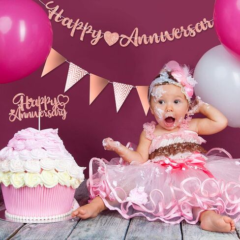 Happy Anniversary Glitter Banner Happy Anniversary Cake Topper Triangle Banner Heart Bunting Decorations for Wedding Anniversary Birthday Party Supplies (Pink) in Saudi Arabia