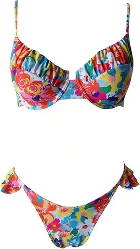 MakeMeChic Women's Two Piece Swimsuit Floral Print Push Up Bikini Sets Ruffle Trim Thong Bathing Suit in Saudi Arabia