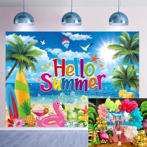 Summer Hawaiian Beach Backdrop 7x5FT Hello Summer Banner Summer Beach Pool Party Background for Photography Tropical Beach Hawaiian Party Decorations Photo Props in Saudi Arabia
