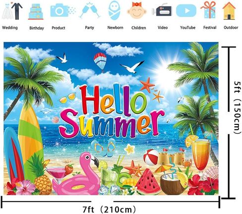 Summer Hawaiian Beach Backdrop 7x5FT Hello Summer Banner Summer Beach Pool Party Background for Photography Tropical Beach Hawaiian Party Decorations Photo Props in Saudi Arabia