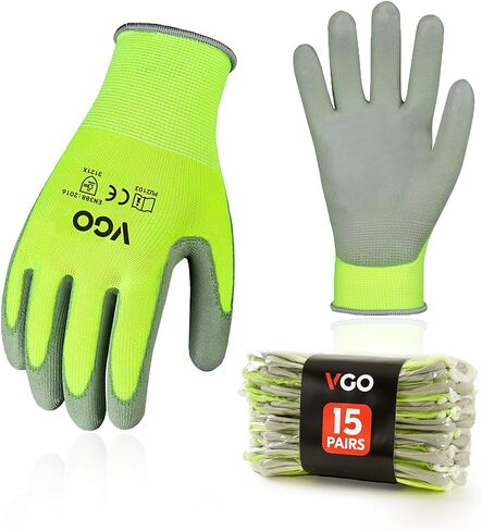 Vgo... 15-Pairs Safety Work Gloves, Gardening Gloves, Polyurethane Coated, Dipping Gloves, Latex Free (Size L, Yellow, PU2103) in Saudi Arabia