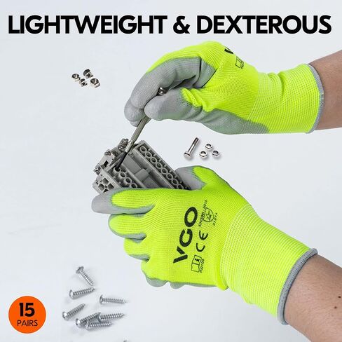 Vgo... 15-Pairs Safety Work Gloves, Gardening Gloves, Polyurethane Coated, Dipping Gloves, Latex Free (Size L, Yellow, PU2103) in Saudi Arabia