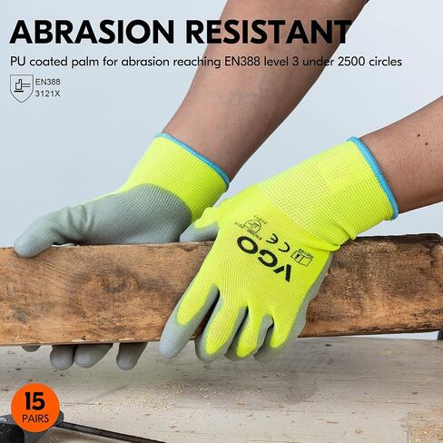 Vgo... 15-Pairs Safety Work Gloves, Gardening Gloves, Polyurethane Coated, Dipping Gloves, Latex Free (Size L, Yellow, PU2103) in Saudi Arabia
