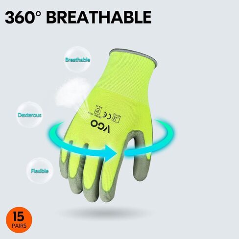 Vgo... 15-Pairs Safety Work Gloves, Gardening Gloves, Polyurethane Coated, Dipping Gloves, Latex Free (Size L, Yellow, PU2103) in Saudi Arabia