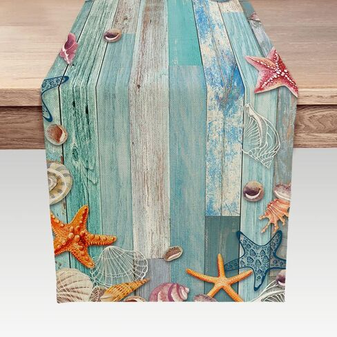 Beach Table Runner, Summer Ocean Beach Seashell Starfish Table Runner for Kitchen, Coastal Nautical Linen Non-Slip Dining Table Runners for Family Dinner/Wedding/Outdoor Indoor Party in Saudi Arabia