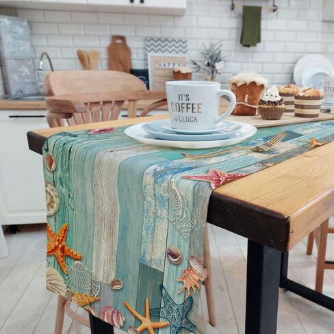Beach Table Runner, Summer Ocean Beach Seashell Starfish Table Runner for Kitchen, Coastal Nautical Linen Non-Slip Dining Table Runners for Family Dinner/Wedding/Outdoor Indoor Party in Saudi Arabia