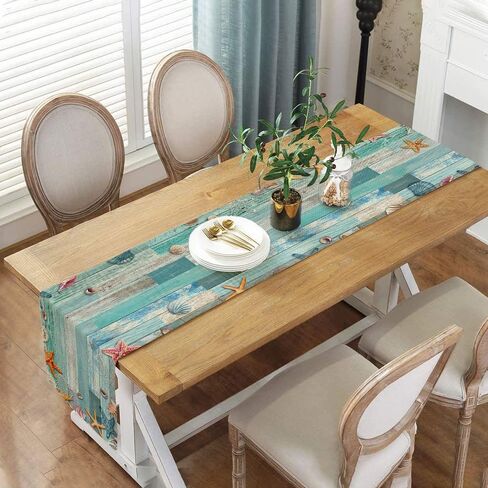 Beach Table Runner, Summer Ocean Beach Seashell Starfish Table Runner for Kitchen, Coastal Nautical Linen Non-Slip Dining Table Runners for Family Dinner/Wedding/Outdoor Indoor Party in Saudi Arabia