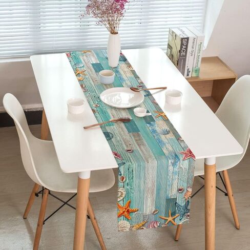 Beach Table Runner, Summer Ocean Beach Seashell Starfish Table Runner for Kitchen, Coastal Nautical Linen Non-Slip Dining Table Runners for Family Dinner/Wedding/Outdoor Indoor Party in Saudi Arabia