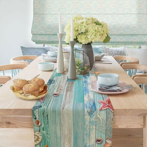 Beach Table Runner, Summer Ocean Beach Seashell Starfish Table Runner for Kitchen, Coastal Nautical Linen Non-Slip Dining Table Runners for Family Dinner/Wedding/Outdoor Indoor Party in Saudi Arabia