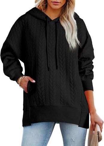 AlvaQ Womens Oversized Hoodies Fall Winter Casual Quilted Long Sleeve Drawstring Hooded Pocketed Sweatshirts Pullover Top in Saudi Arabia