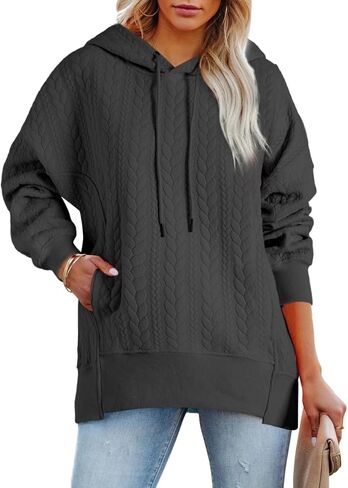 AlvaQ Womens Oversized Hoodies Fall Winter Casual Quilted Long Sleeve Drawstring Hooded Pocketed Sweatshirts Pullover Top in Saudi Arabia