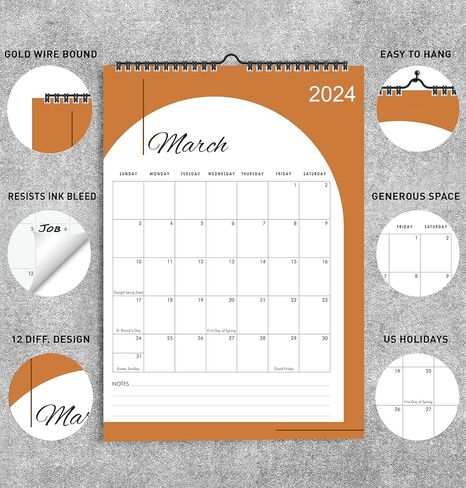 2024 Wall Calendar, 12" X 17", 12 Monthly Calendar from Jan 2024 till Dec 2024, Spiral Bound for Office, Home, Family,Business, School Appointment Planning in Saudi Arabia