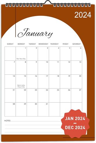 2024 Wall Calendar, 12" X 17", 12 Monthly Calendar from Jan 2024 till Dec 2024, Spiral Bound for Office, Home, Family,Business, School Appointment Planning in Saudi Arabia