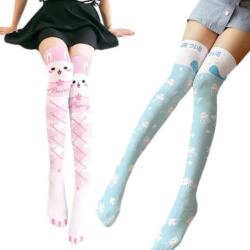 Women Lolita Kawaii Thigh High Stockings Cartoon Rabbit Jellyfish Anime Socks,2 in Saudi Arabia