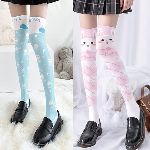 Women Lolita Kawaii Thigh High Stockings Cartoon Rabbit Jellyfish Anime Socks,2 in Saudi Arabia