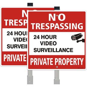 2 Pack Private Property No Trespassing Sign, Property Protected By Video Surveillance Sign with 36" Metal Stakes, 14" x 10" Warning Sign, Rust Free &Fade Resistant Heavy Reflective Aluminum,Included Mounting Screw Kit