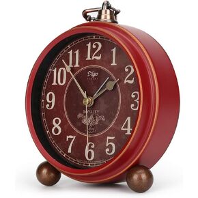 Classic Retro Alarm Clock, Red Vintage Non-Ticking Table Desk Small Alarm Clock, Battery Operated Silent Quartz Movement HD Glass for Bedroom Living Room Indoor Decoration