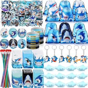 Qilery 140 Pcs Shark Birthday Party Favors Shark Bracelet Drawstring Bags Keychains Badge Sticker Notebook Bendable Pencil Stress Relief Toy for Ocean Theme Decorations