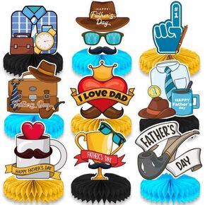 9 Pieces Blue Father's Day Decorations, Double Side Printed Table Honeycomb Centerpiece for Happy Father's Day Family Party Supplies, Party Banner Photo Backdrop Table Decorations