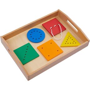 Adena Montessori Toys Threading Game Colorful Lacing Wooden Shapes with Tray for 1 2 3 Years Old Baby