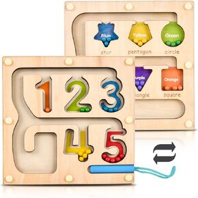 Magnetic Maze Board - Montessori Wooden Puzzles Educational Shape Sorter for Toddlers, Color & Number Matching Game - Motor Skills Magnet Toys Kids 3-5 Years Old Boys Girls Preschool (Double Maze, M)