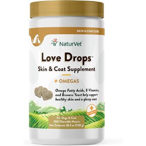 NaturVet Love Drops Plus Omegas Skin & Coat Supplement for Dogs and Cats – for Dog Skin, Cat Coats – Includes Brewer’s Dried Yeast, Omega-3, Omega-6 – Peanut Butter Flavor – 200 Ct.