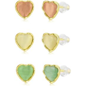 3 Pairs Heart Stud Earrings Set for Women Heart Cats Eye Stone 925 Sterling Silve Stainless Steel Hypoallergenic Earrings Gifts for Her