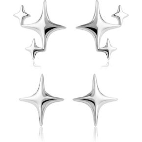 2 Pairs Sterling Silver Star Stud Earrings for Women, Post Dainty Cute Tiny Asymmetric Small Earrings, Hypoallergenic Earrings Suitable for Allergy-prone Teen, Wedding Engagement Gifts