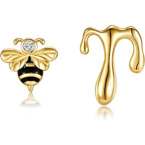 Bee Earrings S925 Sterling Silver Bee Honey Asymmetric Stud Earrings Jewelry Gifts for Women Girls