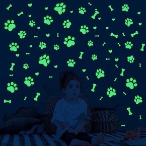 Glow in The Dark Cat Paw Wall Decals, Black and Pink Cute Puppy Paw Stickers for Kids, Removable Luminous Stickers for Ceiling, Baby Nursery Bedroom