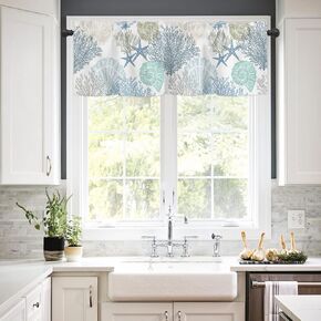 Swag Curtain,Ocean Theme Coral Shell Starfish Kitchen Valances Rod Pocket Curtains Tier Pair Swag Topper,Teal Blue Marine Sealife 2 Panels Window Treatment for Bathroom Living Room Bedroom